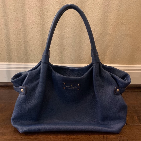 14” Kate Spade Navy Blue Cowhide Full Grain Leather Logo Hobo Tote Purse Satchel - Picture 1 of 3